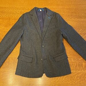 Mini Boden Boys’ Gray Herringbone tweed blazer w/ indigo UFO embroidered lining